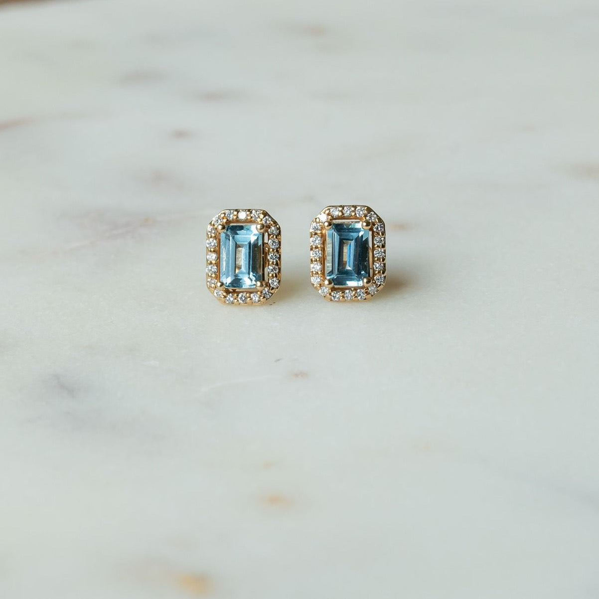 14KT Aquamarine Emerald Cut Diamond Halos - One Of A Kind