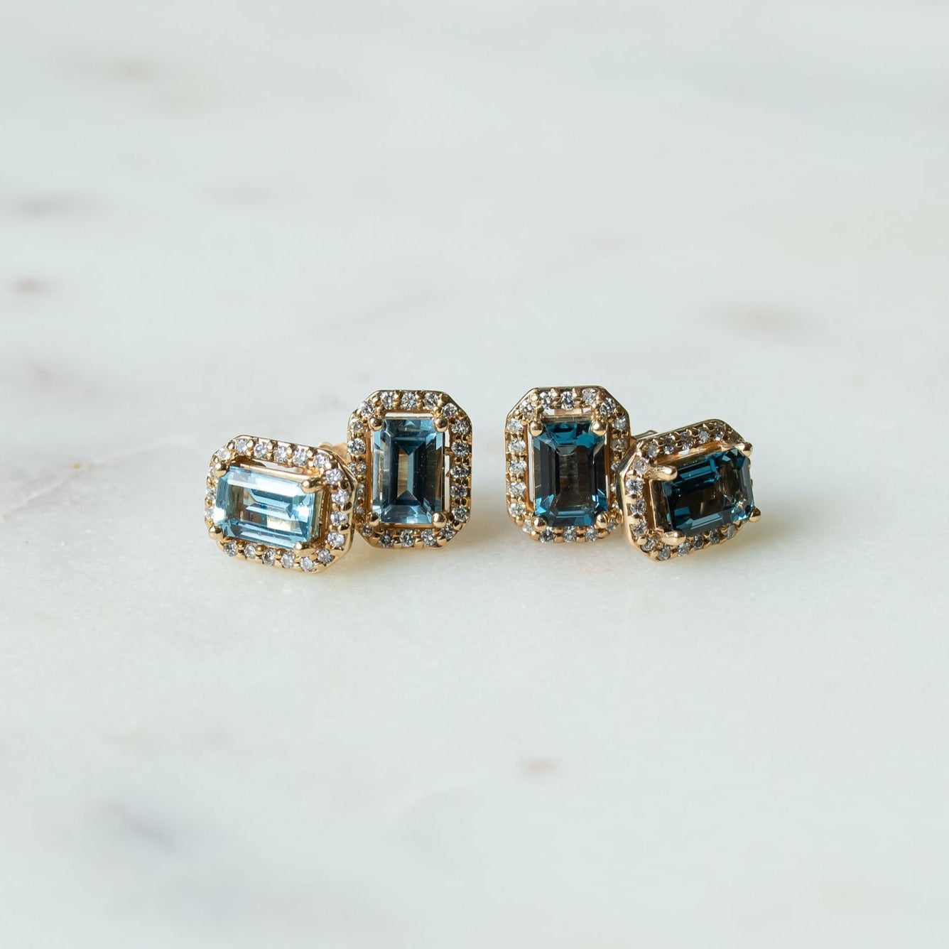 14KT London Blue Topaz Emerald Cut Diamond Halos - Limited Production