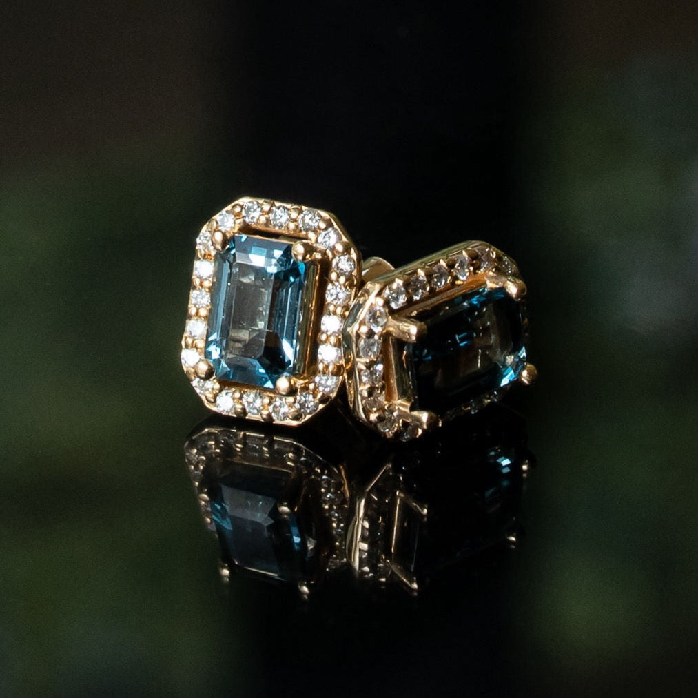 14KT London Blue Topaz Emerald Cut Diamond Halos - Limited Production