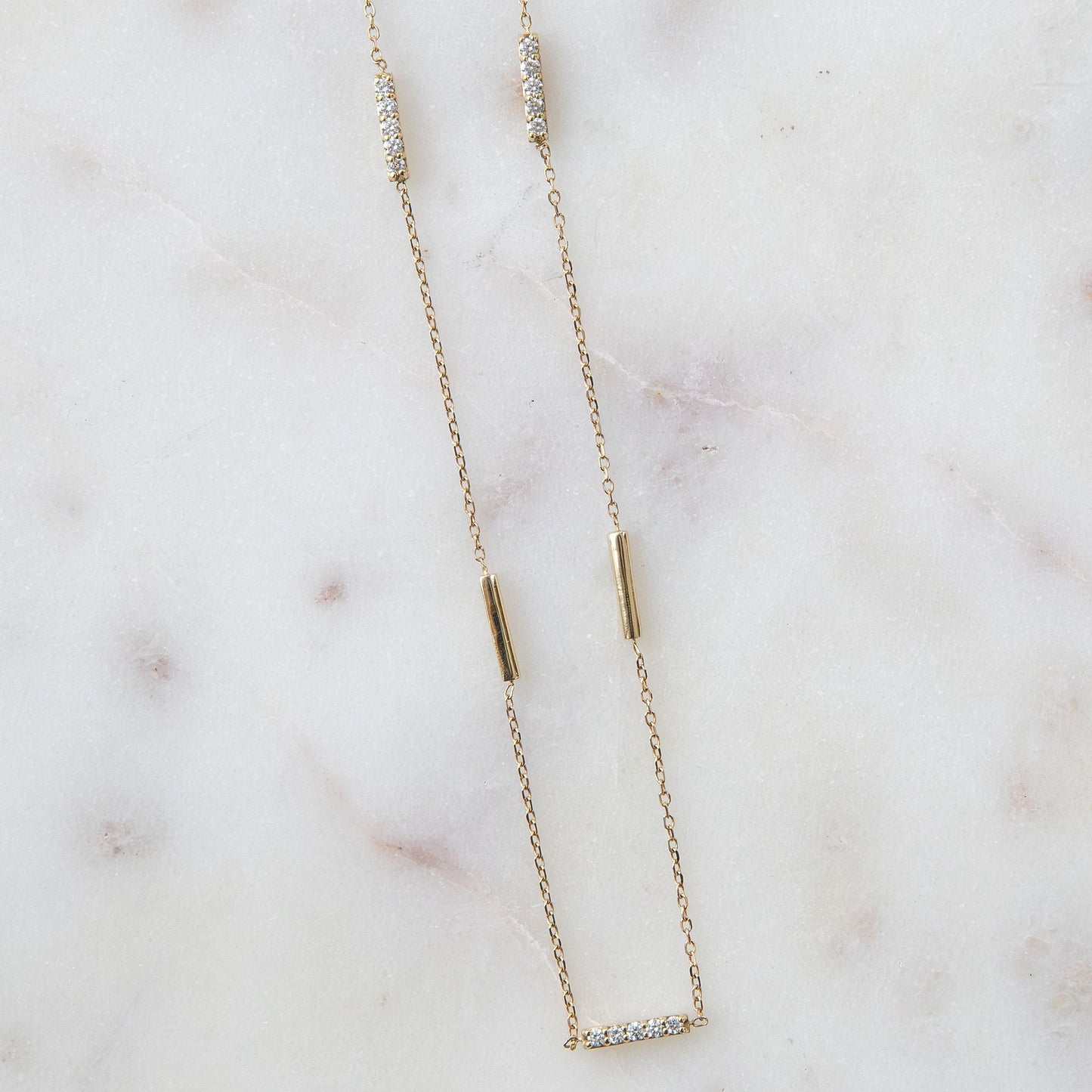 14KT Gold Diamond & Polished Bar Chain Necklace